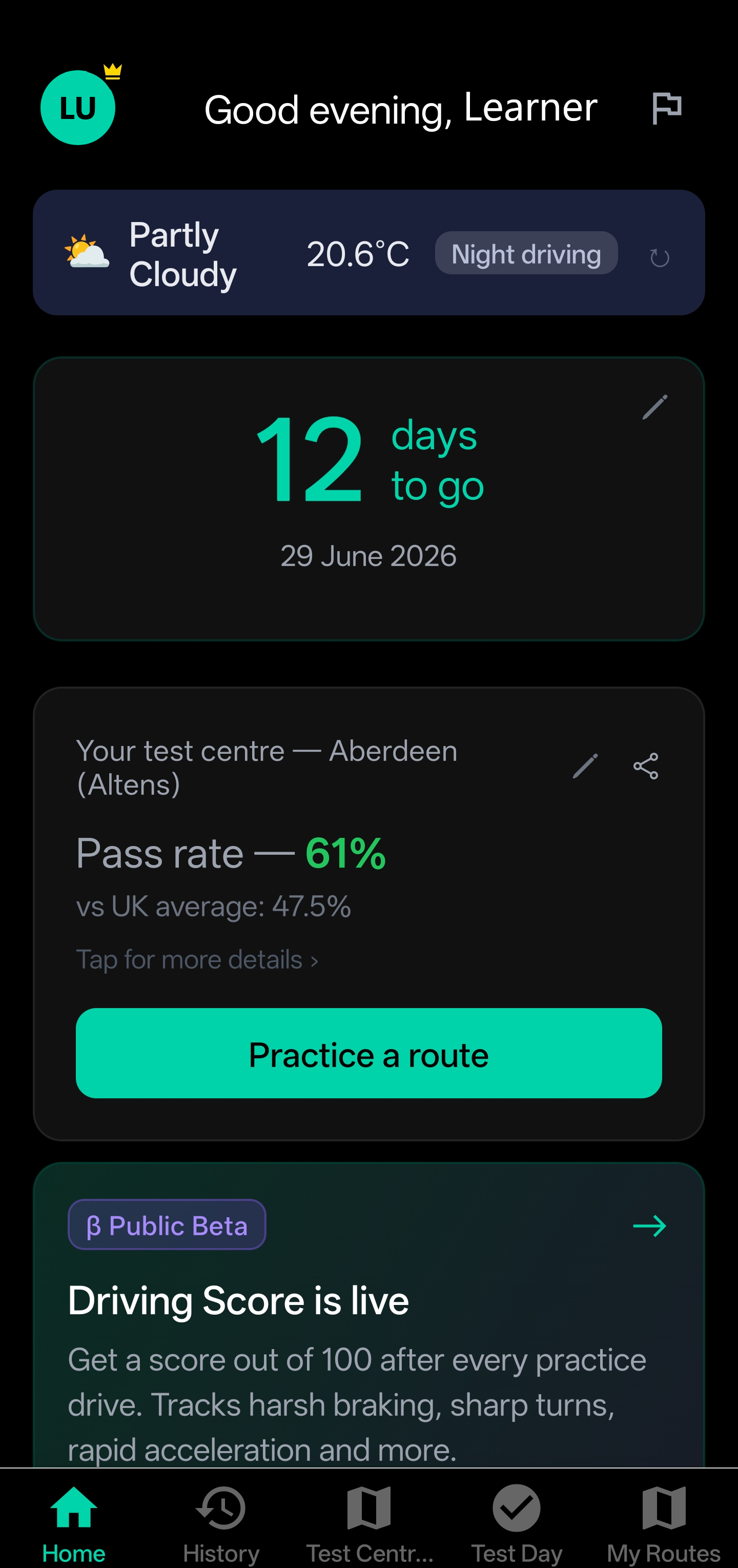 DriveSidekick home screen showing test countdown and test centre pass rate