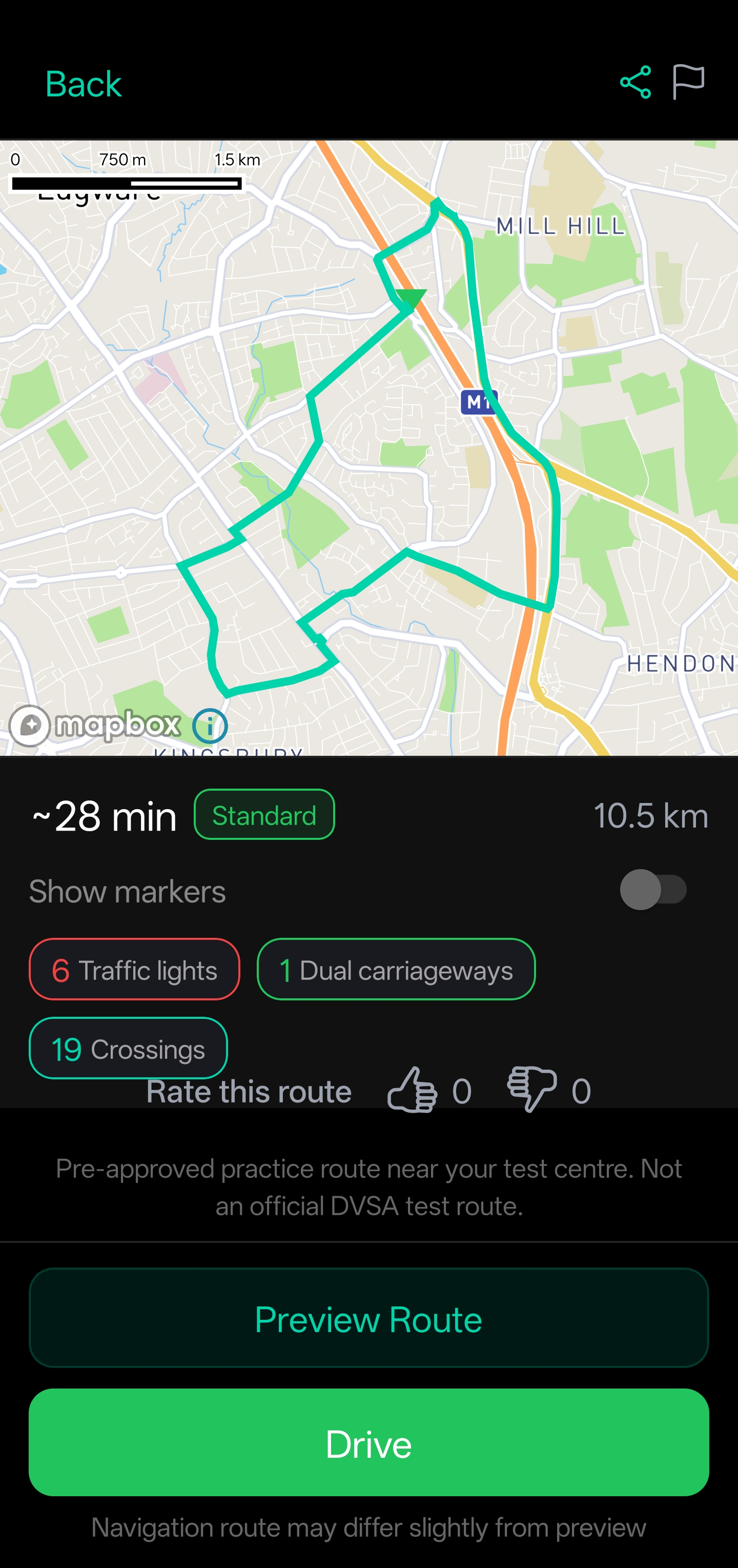 DriveSidekick route detail screen with map, duration and Drive button