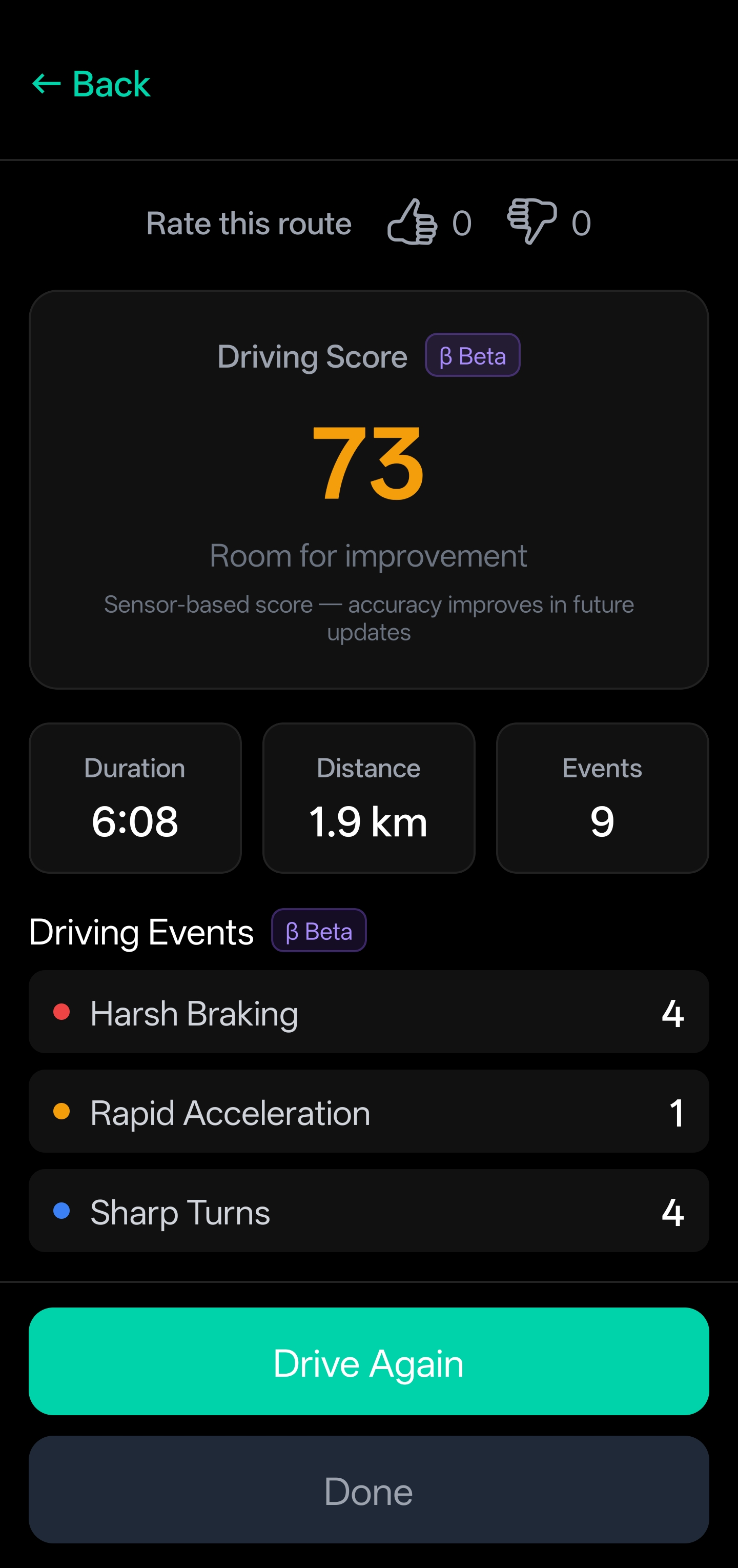 DriveSidekick post-drive Driving Score screen showing score and events